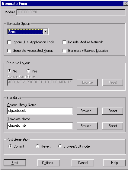 Generate Form dialog box