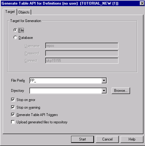 Generate Table API; Target tab